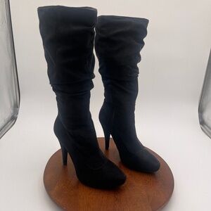Elle Black Suede Pointed Toe Slouchy Heeled Mid-Calf Boots Size 6M High Heel